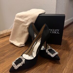 Badgley Mischka Black Satin Crystal Buckle Pointed-Toe Pumps